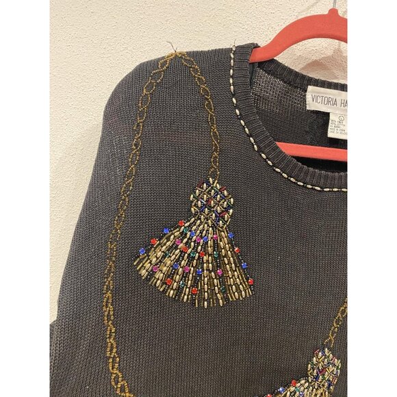 Victoria Harbour Sweater Womens Large Black Beaded Tassel Crewneck Ramie Cotton - Picture 4 of 6